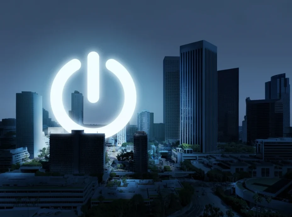 Illuminated power symbol over a city skyline at dusk